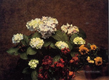  flores - Hortensias, clavos y dos macetas con pensamientos, pintor de flores Henri Fantin Latour